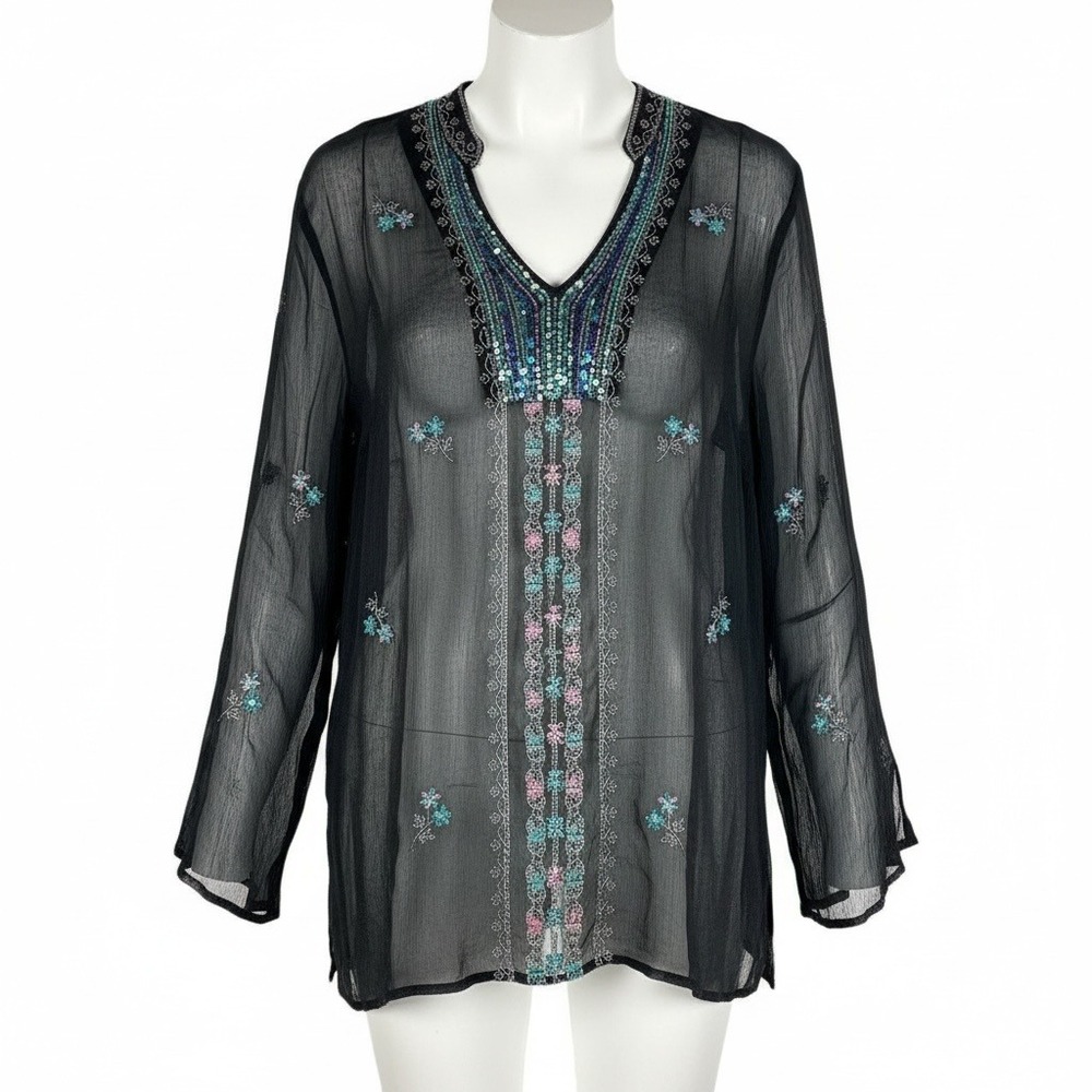 Carole Little Sheer 100% Silk Beaded Top Size 1X Embroidered Artsy Sequins Glam